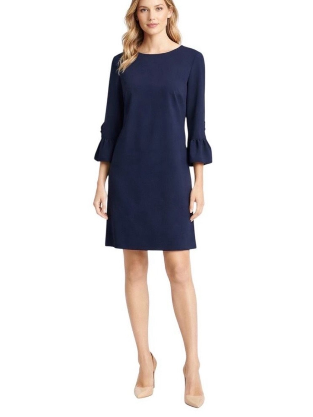 Nanette Lepore “Spring Bloom” Shift Dress w/ Ruffle Bell Sleeves in Navy Size 2